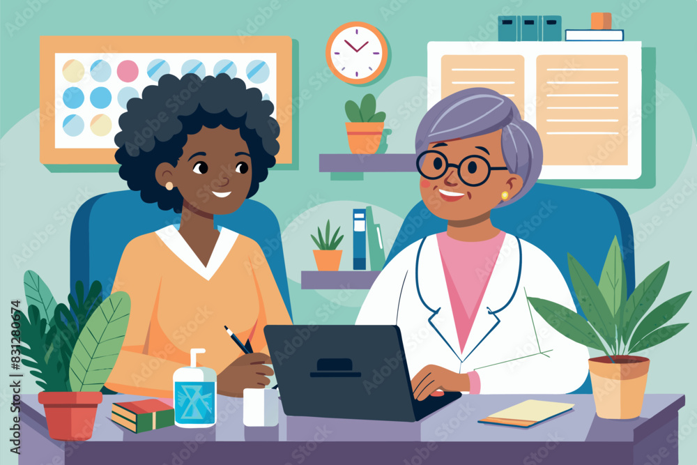 medical consultation. A doctor, wearing a white coat and holding a stethoscope, sits across from a patient at a table. He is holding a notebook and gesturing while talking to the patient. medical consultation. A doctor, wearing a white coat and holding a stethoscope, sits across from a patient at a table. He is holding a notebook and gesturing while talking to the patient.