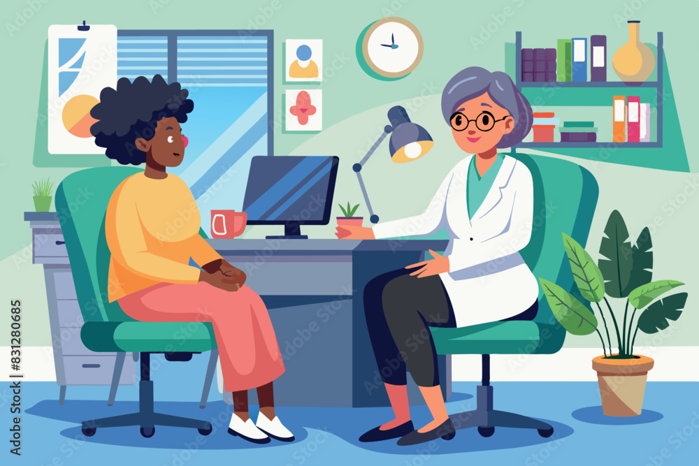 medical consultation. A doctor, wearing a white coat and holding a stethoscope, sits across from a patient at a table. He is holding a notebook and gesturing while talking to the patient. medical consultation. A doctor, wearing a white coat and holding a stethoscope, sits across from a patient at a table. He is holding a notebook and gesturing while talking to the patient.