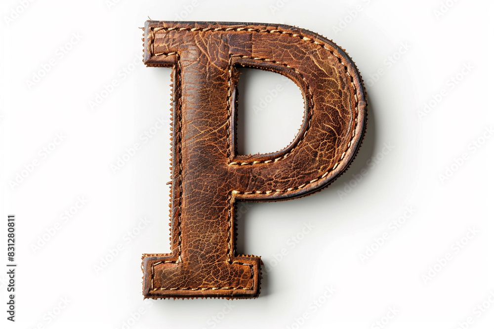 Alphabet letter P with brown leather texture isolated on white background. Beautiful unique font design for poster, banner, website layout. Alphabet letter P with brown leather texture isolated on white background. Beautiful unique font design for poster, banner, website layout.