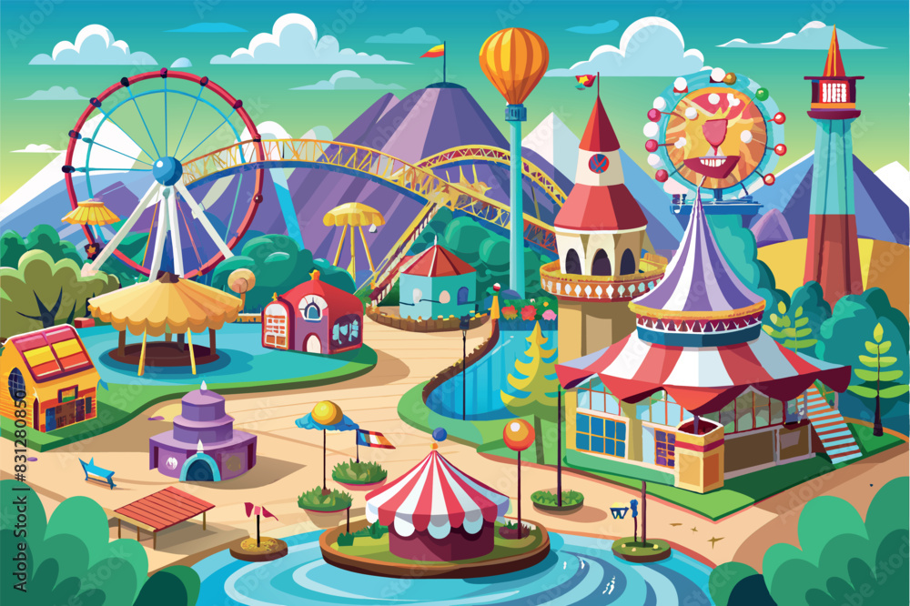 Obraz premium image depicts a bright and colorful amusement park.