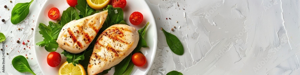 A freshly prepared grilled chicken salad with a colorful mix of greens A freshly prepared grilled chicken salad with a colorful mix of greens