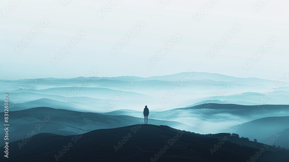 A minimalist digital art composition featuring an individual standing on the top of a hill