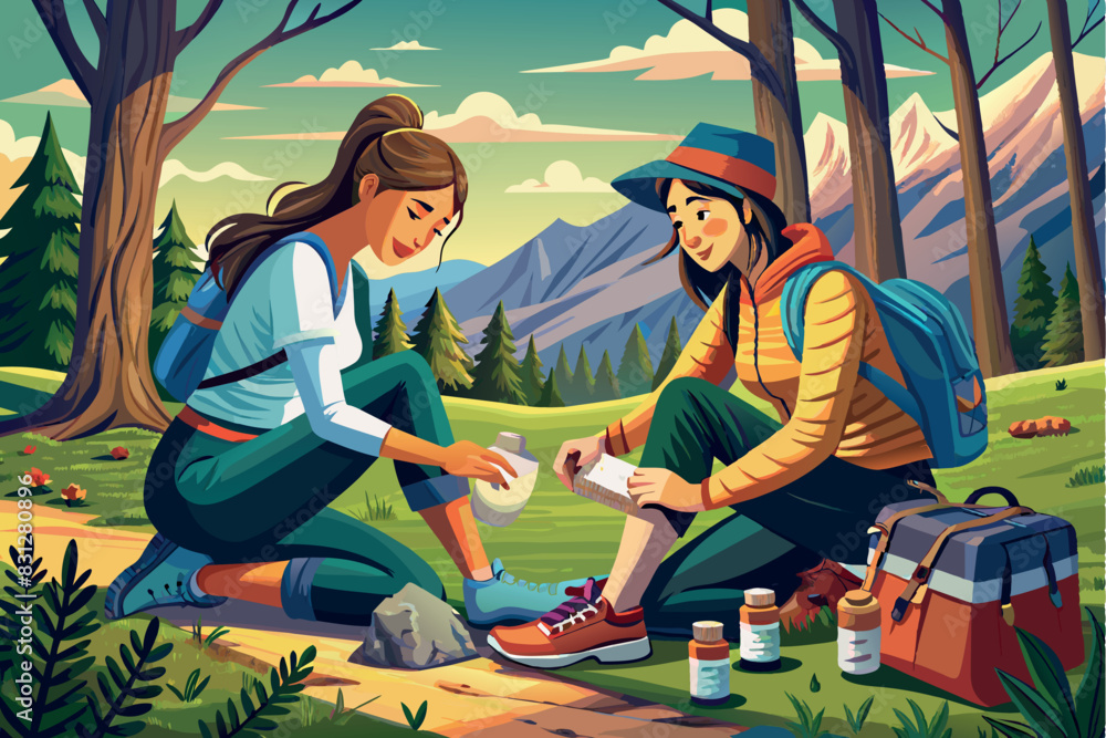 Obraz premium two people sitting on rocks in a wooded area with mountains in the background. Next to them are backpacks and a water bottle, indicating that they are hikers taking a break from their hike.