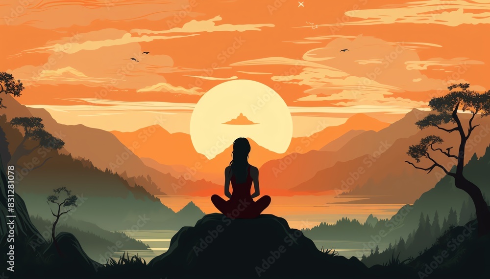 Silhouetted person meditating at sunrise in a serene mountain landscape, with warm colors and tranquil ambiance. Perfect for mindfulness concepts.