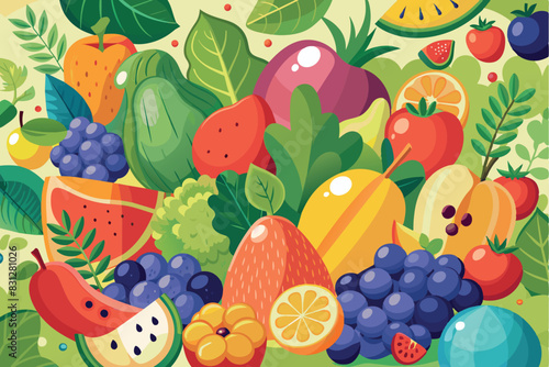 background of a variety of fruits and vegetables. Among them you can see strawberries, oranges, lemons, watermelons, grapes, apples, bananas, carrots and leaves.