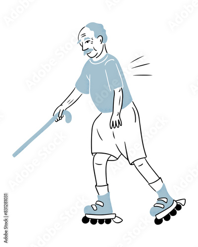 Senior man roller skating with stick with happiness. Contrast doodle illustration isolated on white background. Vector outline drawing of active aging for logo, sticker