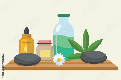 a collection of items related to spa treatments. On the surface there are three bottles with different liquids, two candles, a soap block, stones and decorative elements in the form of leaves 