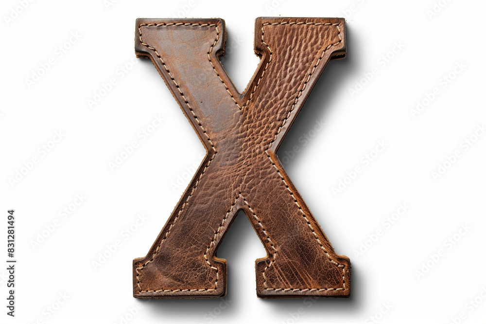 Alphabet letter X with brown leather texture isolated on white background. Beautiful unique font design for poster, banner, website layout.