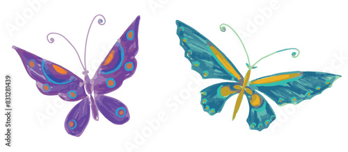 Butterflies two, watercolor drawing, wings, putple, green, flying,summer, decorative, vector illustration isolated on white photo