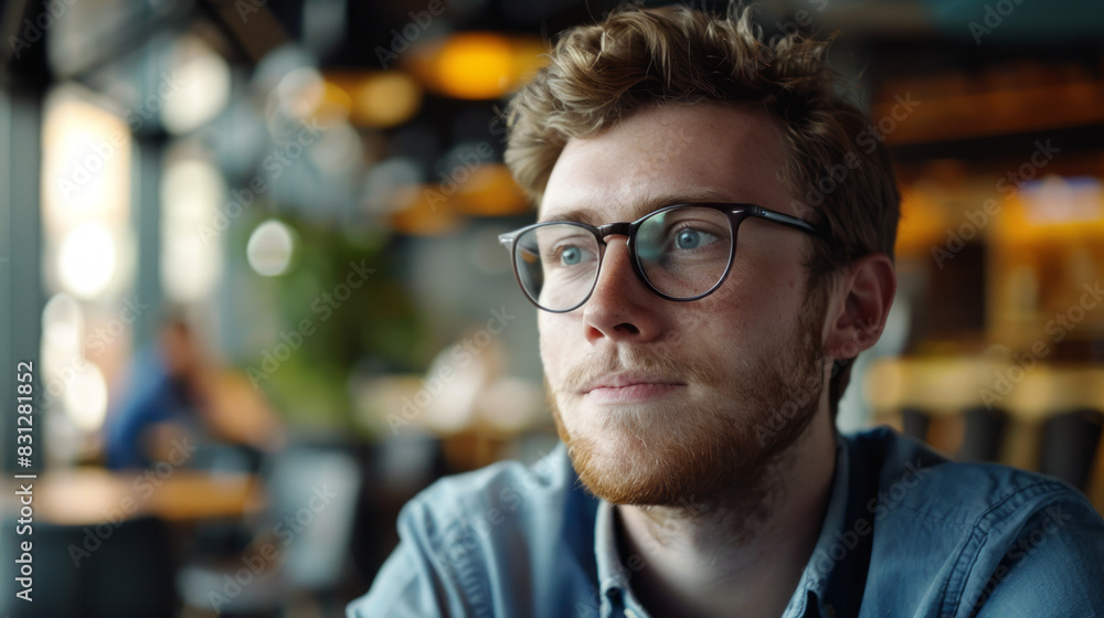 Thoughtful young man in cafe. A close-up of a thoughtful young man with glasses sitting in a cafe, looking away with a contemplative expression. Thoughtful young man in cafe. A close-up of a thoughtful young man with glasses sitting in a cafe, looking away with a contemplative expression.