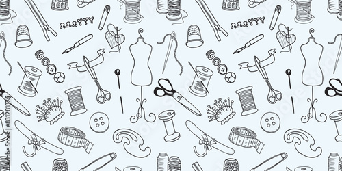 Sewing tools set, seamless pattern, atelier,fashion, contour drawings, dressmaking, vector background,wallpaper,paper