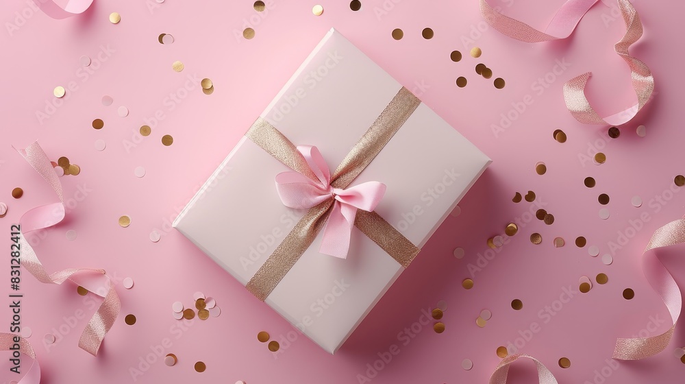 Pink Gift Box, Wrapped gift box with a pink ribbon and confetti, Festive Celebration Pink Gift Box, Wrapped gift box with a pink ribbon and confetti, Festive Celebration