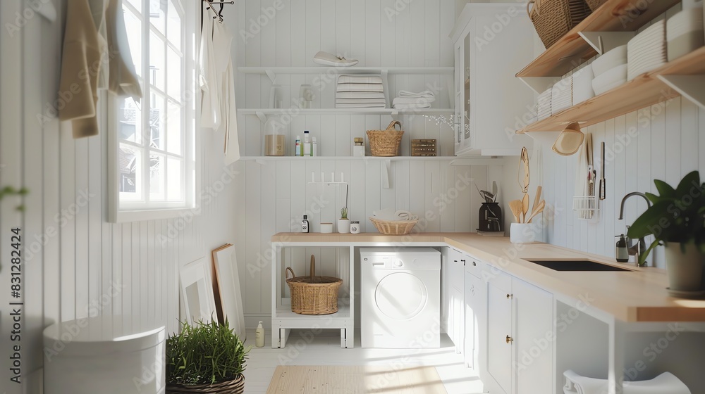 Scandinavian utility room with organized shelving, white walls, wooden accents, and a functional layout