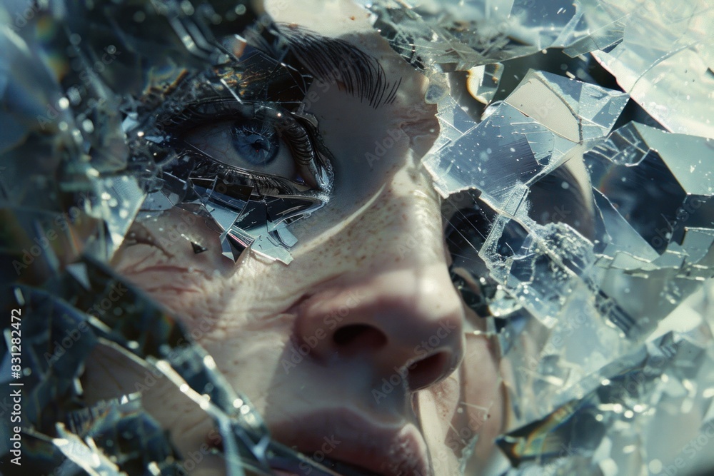 A woman's face is reflected in a shattered mirror A woman's face is reflected in a shattered mirror
