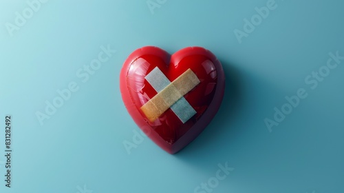 Abstract image of a red heart with a band-aid against a light blue background.