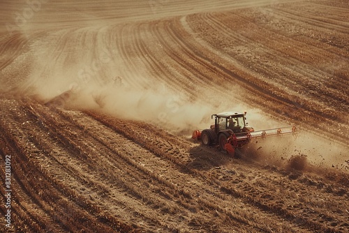 Tractors working on dusty field during autumn harvest season