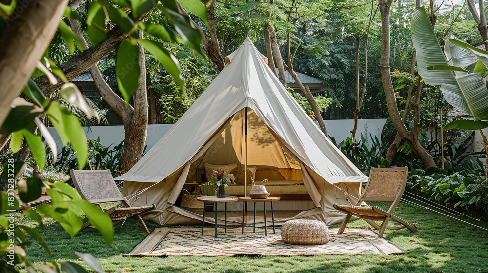 Camping tents and chairs on urban grasslands - concept of a healthy lifestyle Camping tents and chairs on urban grasslands - concept of a healthy lifestyle