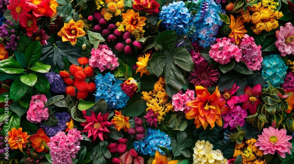 Vibrant display of colorful flowers against a lush green backdrop. Vibrant display of colorful flowers against a lush green backdrop.