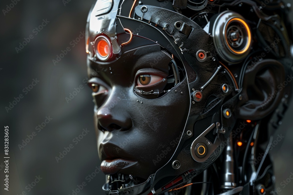 Closeup of a sophisticated humanoid robot with a detailed mechanical head and captivating eyes Closeup of a sophisticated humanoid robot with a detailed mechanical head and captivating eyes