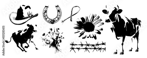 Cow, horseshoe, cowboy hat, boots, flower, heart, sheep, with ink effect. Halftone strokes for the design of collages, banners, postcards, web design in the Y2K style. Vector illustration.