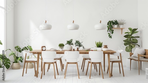 Scandinavian dining area with white walls  wooden accents  modern chairs  and minimalist decor