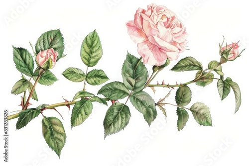 Detailed antiquestyle artwork showcasing a blooming pink rose with foliage photo