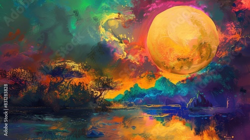 Vibrant fantasy landscape with giant moon