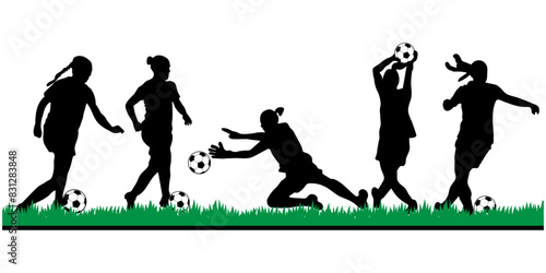 Soccer girl silhouette. Set of women soccer players silhouette. Soccer girl action in, kick, throw, heading, defense, and goalkeeper silhouette isolated on a white background.