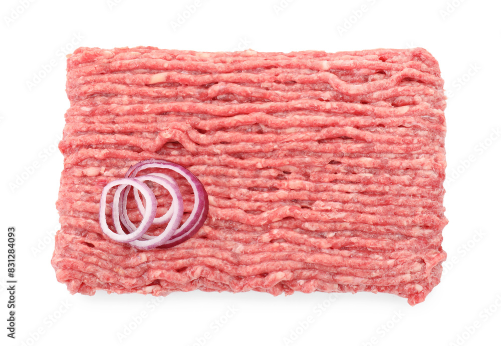 Raw ground meat and onion isolated on white, top view Raw ground meat and onion isolated on white, top view