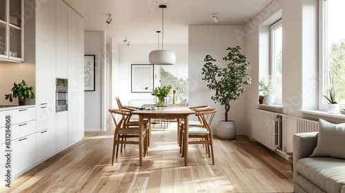 Scandinavian dining area with a sleek dining table  neutral colors  wooden flooring  and natural light