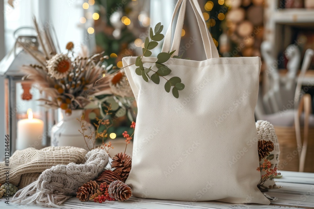 Fototapeta premium A white tote bag with a leaf on it sits on a table with a flower