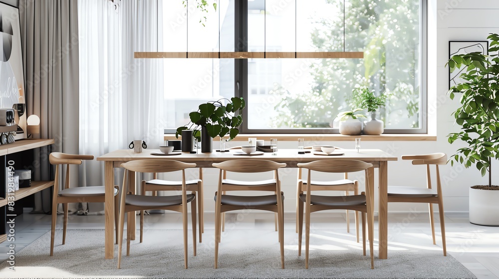 Scandinavian dining room with clean table design, minimalist chairs, natural light, and simple decor Scandinavian dining room with clean table design, minimalist chairs, natural light, and simple decor