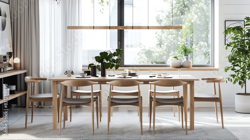 Scandinavian dining room with clean table design, minimalist chairs, natural light, and simple decor