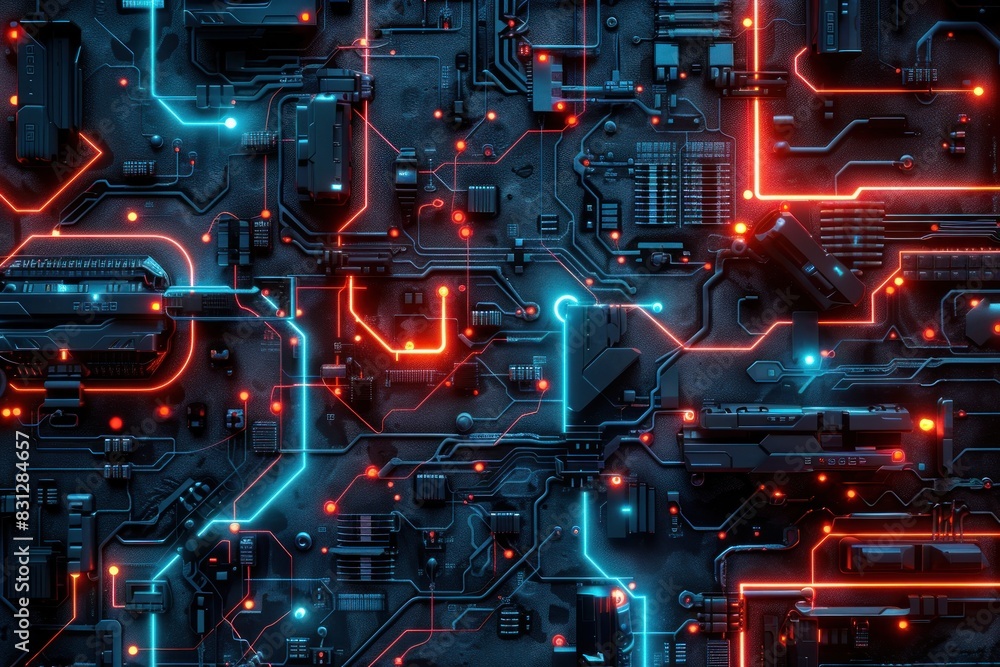 A close up of a circuit board with red and blue lights