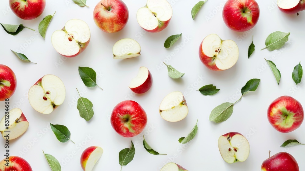 Artistic composition of fresh apples and apple slices arranged on a white background. Artistic composition of fresh apples and apple slices arranged on a white background.
