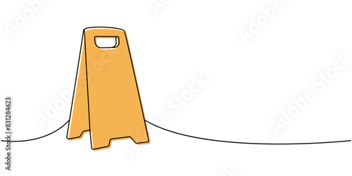Accident prevention sign, wet floor, cleaning sign one line colored continuous drawing. Cleaning service tools continuous one line illustration.