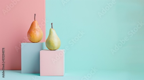 Artistic composition of two pears balanced on minimalist blocks against a pastel background.