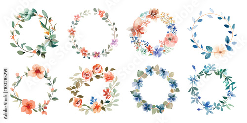 Set collection of elegant hand drawn watercolor decorative botanical flower frames border form circle shape for wedding invitations and greeting cards