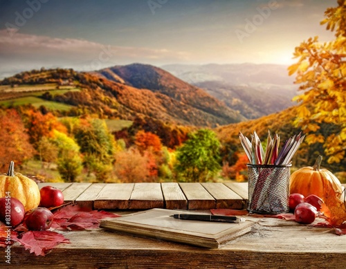 autumn landscape in the mountains.A desk with free space amidst a vibrant autumn landscape. photo