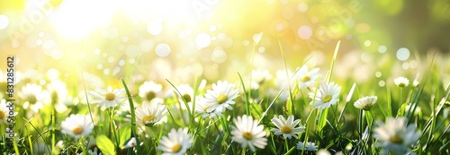 Beautiful spring meadow with white daisies and sunlight, banner background. Spring landscape with camomiles in grass on a sunny day photo