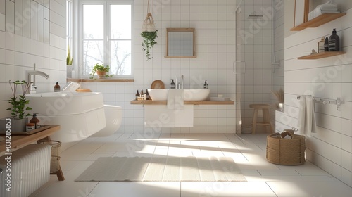 Scandinavian bathroom with clean lines  white tiles  wooden accents  and a minimalist aesthetic