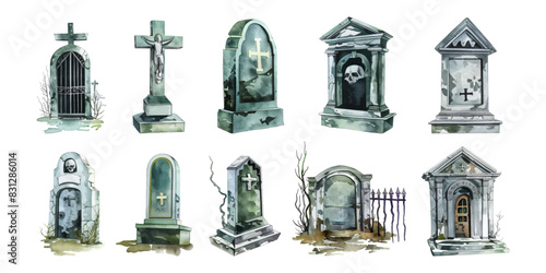 Set collection of hand drawn watercolor tombstones graves with overgrown foliage, reflecting serene yet somber atmosphere in cemetery