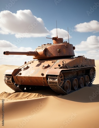 An old, rusted military tank sits abandoned in a vast desert, its metal frame weathered by time. The bright blue sky and soft sand dunes create a stark contrast to the tank. AI Generation