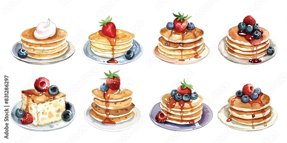 Set collection of hand drawn watercolor stack of pancakes on plate with fresh berries, honey maple syrup, and butter for breakfast Set collection of hand drawn watercolor stack of pancakes on plate with fresh berries, honey maple syrup, and butter for breakfast