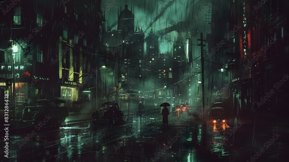 Rainy Nighttime in a Bustling Metropolis,Bathed in Neon Lights and Reflective Puddles