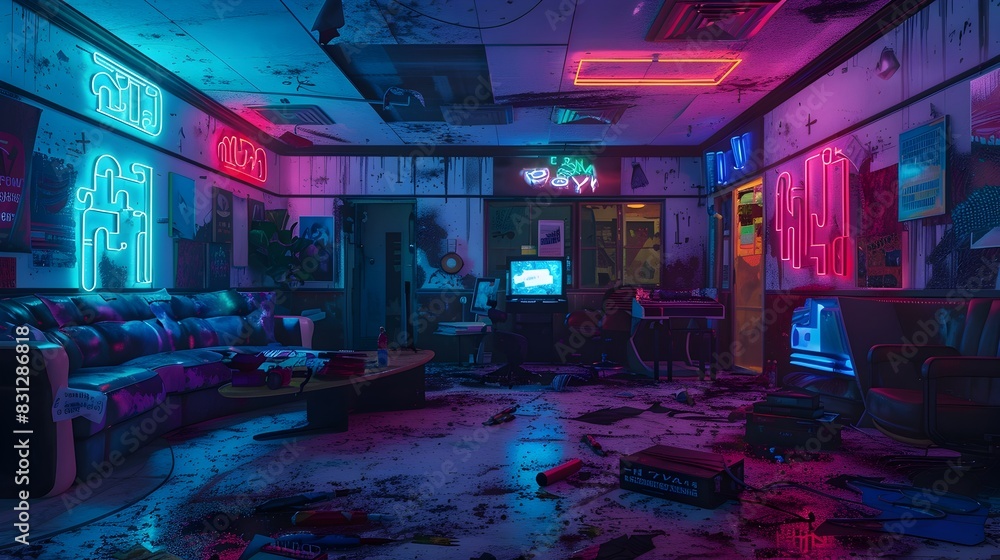 Neon-Lit Grunge Club in an Abandoned Urban Backdrop