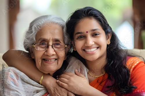 A heartwarming image of an elderly Indian mother embracing her young daughter.