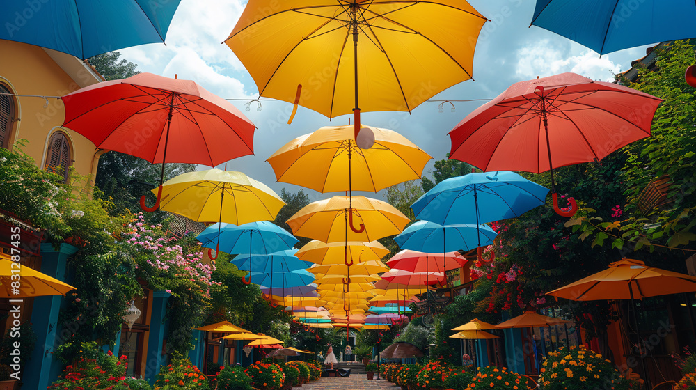 Multiple umbrellas in different colors and sizes overhead, creating a colorful ceiling