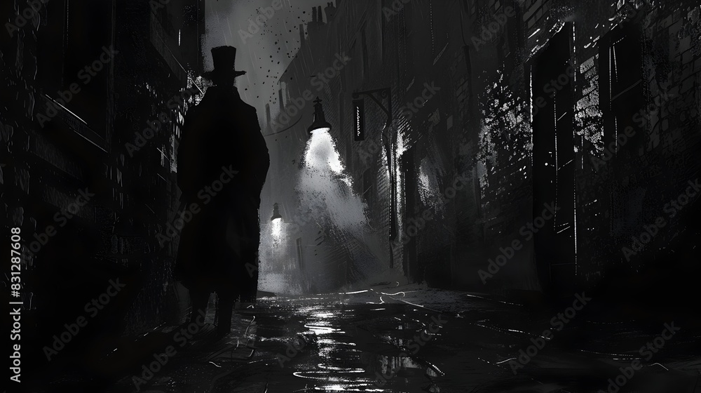 Fototapeta premium Solitary Figure Emerges from Misty,Moody Urban Alleyway at Night