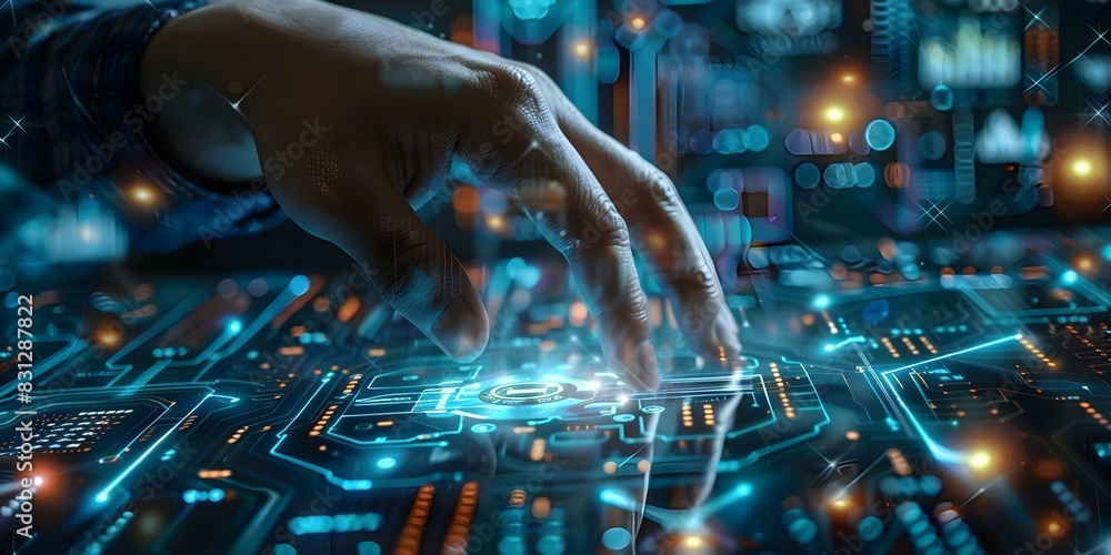 Fototapeta premium Man controlling futuristic technology transformation using AI chatbot. Concept Futuristic Technology, AI Chatbot, Transformation, Man, Control